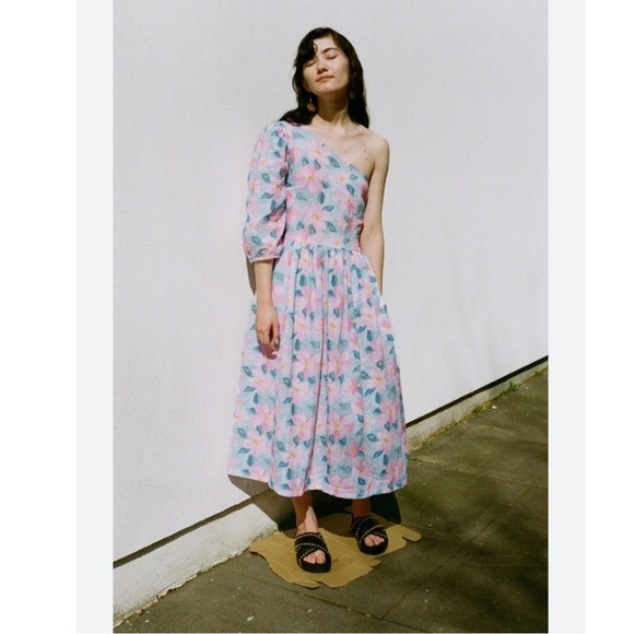 TACH Clothing Dress Lianor Midi One Shoulder Cotton in Blue Pink Floral - Picture 1 of 7